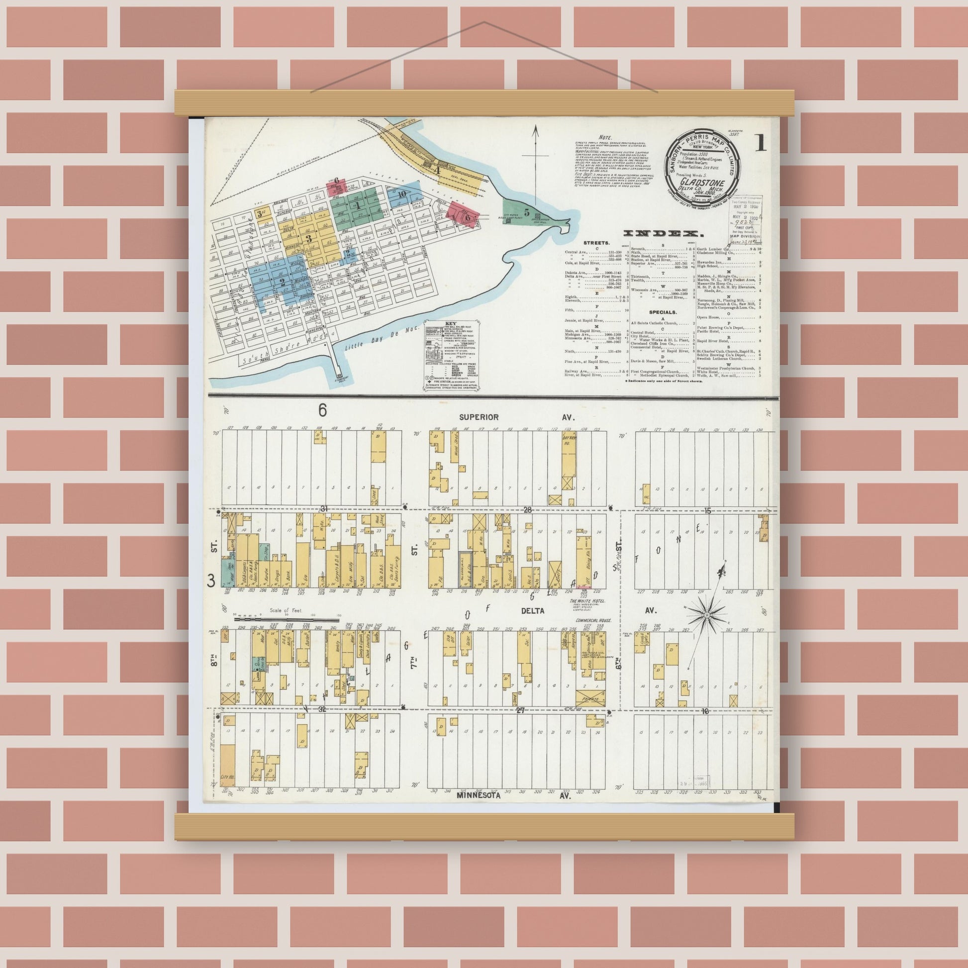Old map wall art mockup — magnetic wood frame on brick wall — Sanborn Fire Insurance Map from Gladstone, Delta County, Michigan (1900) - Complete Map Set