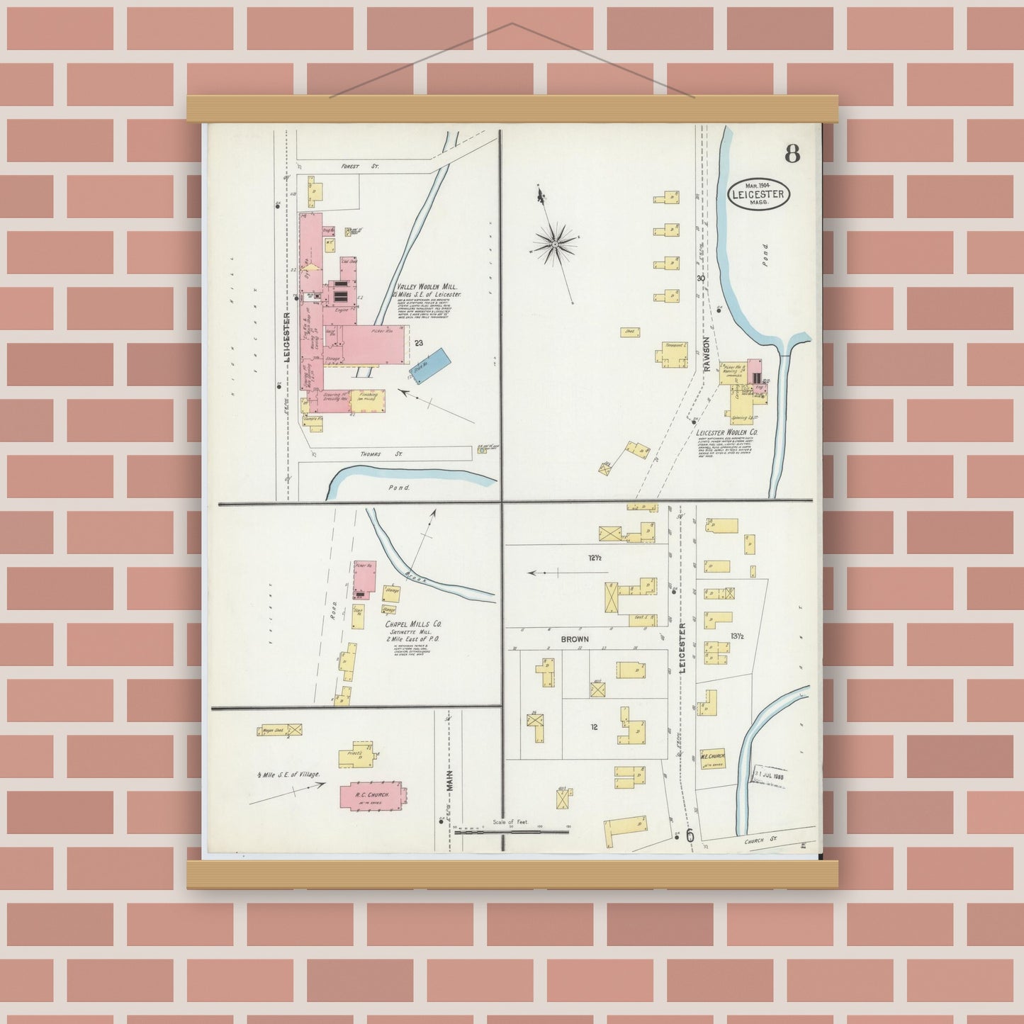 Old map wall art mockup — magnetic wood frame on brick wall — Sanborn Fire Insurance Map from Leicester, Worcester County, Massachusetts (1904), Sheet #0008