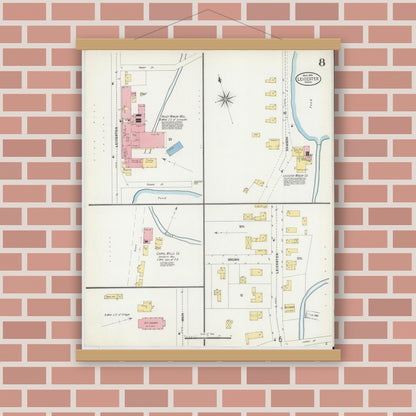 Old map wall art mockup — magnetic wood frame on brick wall — Sanborn Fire Insurance Map from Leicester, Worcester County, Massachusetts (1904), Sheet #0008
