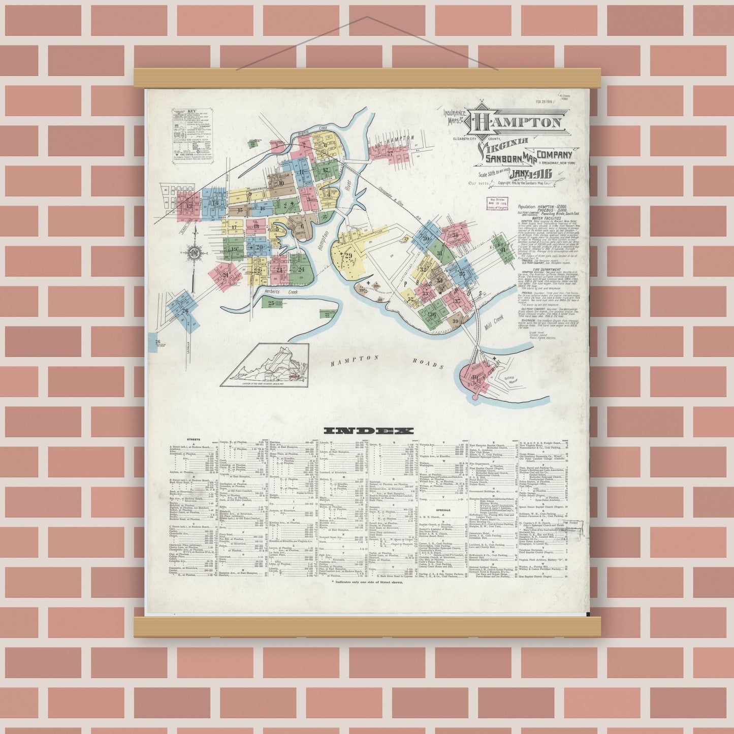 Old map wall art mockup — magnetic wood frame on brick wall — Sanborn Fire Insurance Map from Hampton, Independent Cities, Virginia (1916) - Complete Map Set