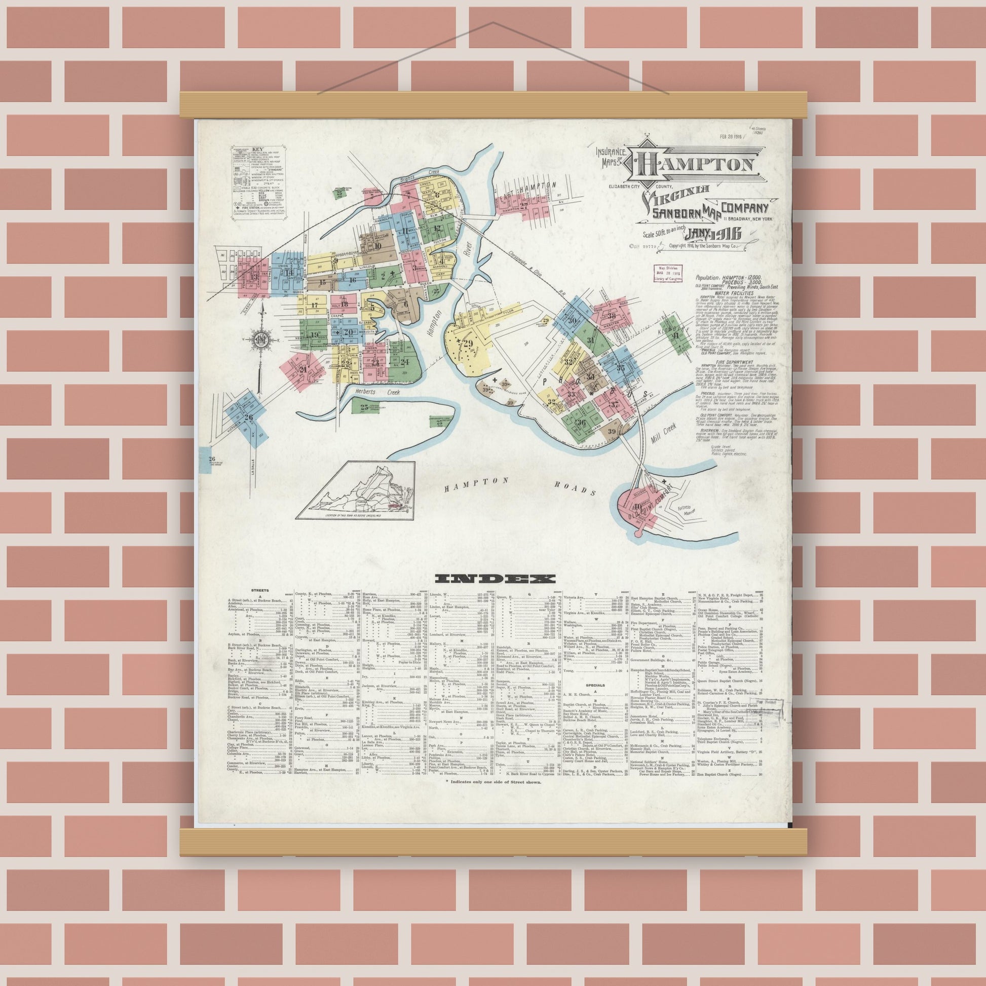 Old map wall art mockup — magnetic wood frame on brick wall — Sanborn Fire Insurance Map from Hampton, Independent Cities, Virginia (1916) - Complete Map Set