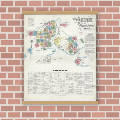 Old map wall art mockup — magnetic wood frame on brick wall — Sanborn Fire Insurance Map from Hampton, Independent Cities, Virginia (1916) - Complete Map Set