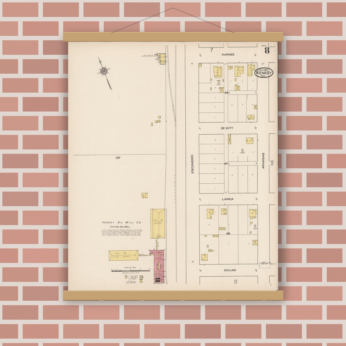 Old map wall art mockup — magnetic wood frame on brick wall — Sanborn Fire Insurance Map from Kenedy, Karnes County, Texas (1922), Sheet #0008