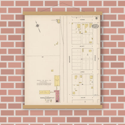 Old map wall art mockup — magnetic wood frame on brick wall — Sanborn Fire Insurance Map from Kenedy, Karnes County, Texas (1922), Sheet #0008