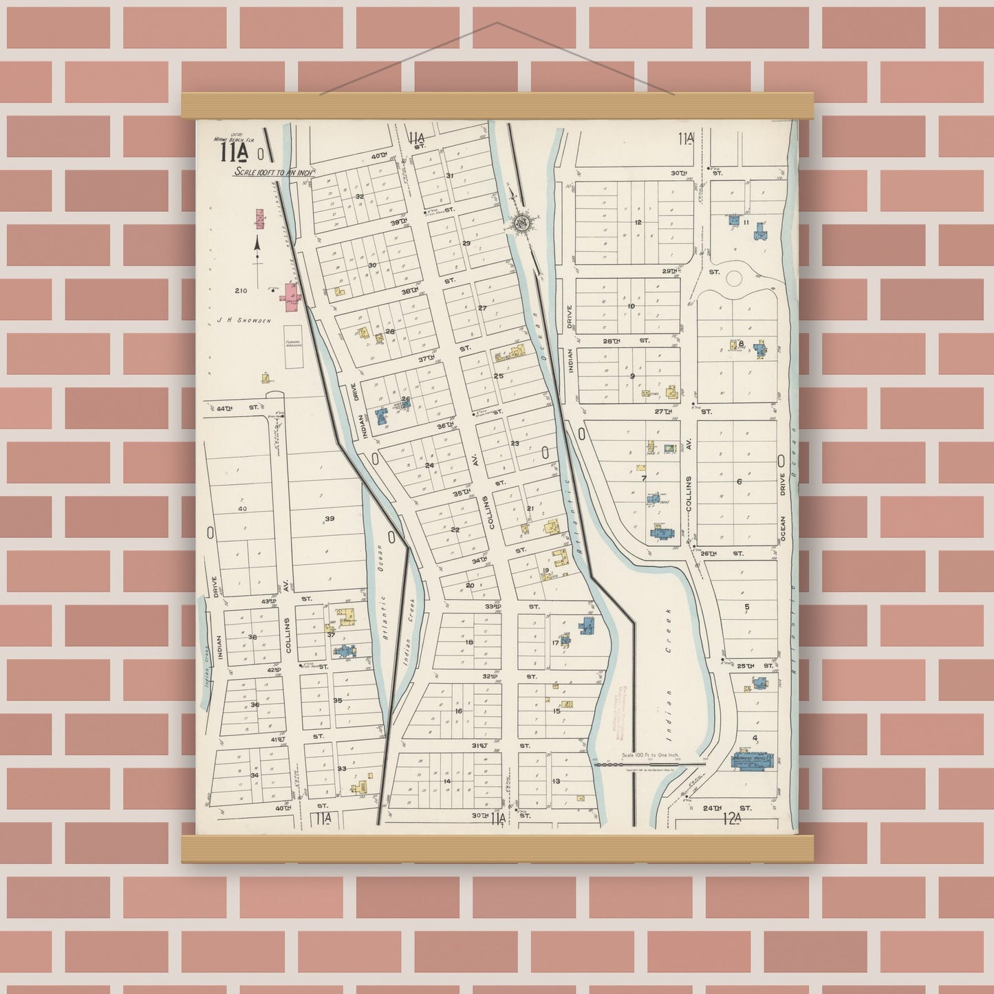 Old map wall art mockup — magnetic wood frame on brick wall — Sanborn Fire Insurance Map from Miami Beach, Dade County, Florida (1921), Sheet #0011