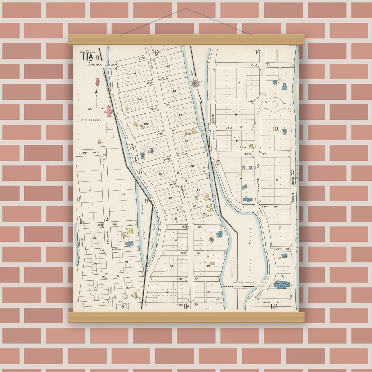 Old map wall art mockup — magnetic wood frame on brick wall — Sanborn Fire Insurance Map from Miami Beach, Dade County, Florida (1921), Sheet #0011