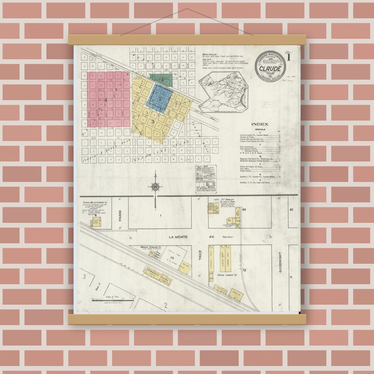 Old map wall art mockup — magnetic wood frame on brick wall — Sanborn Fire Insurance Map from Claude, Armstrong County, Texas (1921) - Complete Map Set
