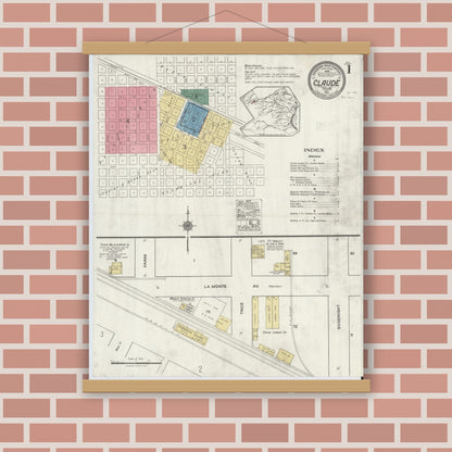 Old map wall art mockup — magnetic wood frame on brick wall — Sanborn Fire Insurance Map from Claude, Armstrong County, Texas (1921) - Complete Map Set