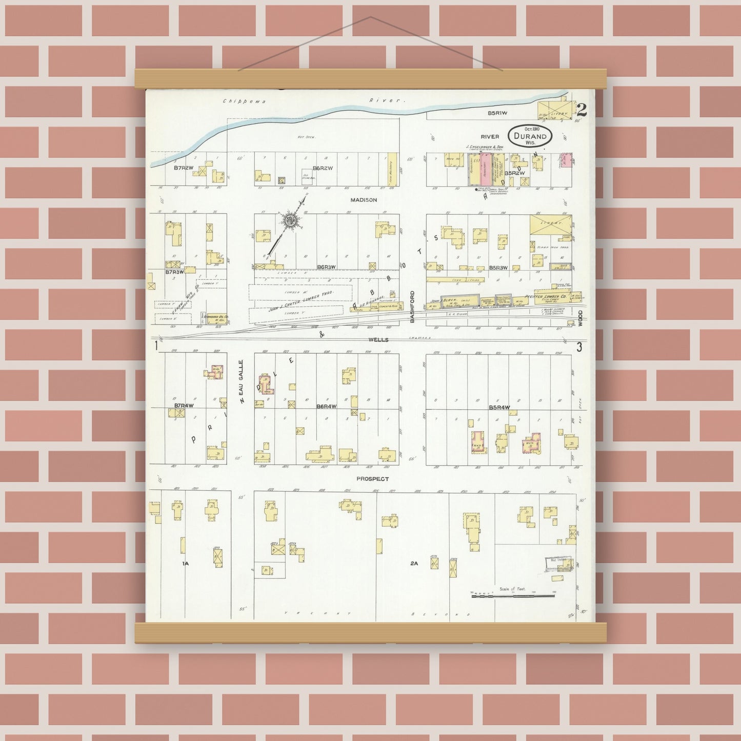 Old map wall art mockup — magnetic wood frame on brick wall — Sanborn Fire Insurance Map from Durand, Pepin County, Wisconsin (1910), Sheet #0002