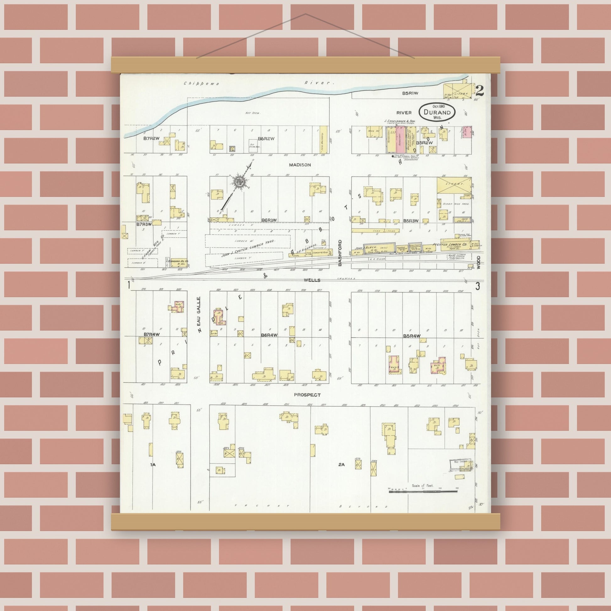 Old map wall art mockup — magnetic wood frame on brick wall — Sanborn Fire Insurance Map from Durand, Pepin County, Wisconsin (1910), Sheet #0002