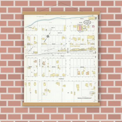 Old map wall art mockup — magnetic wood frame on brick wall — Sanborn Fire Insurance Map from Durand, Pepin County, Wisconsin (1910), Sheet #0002