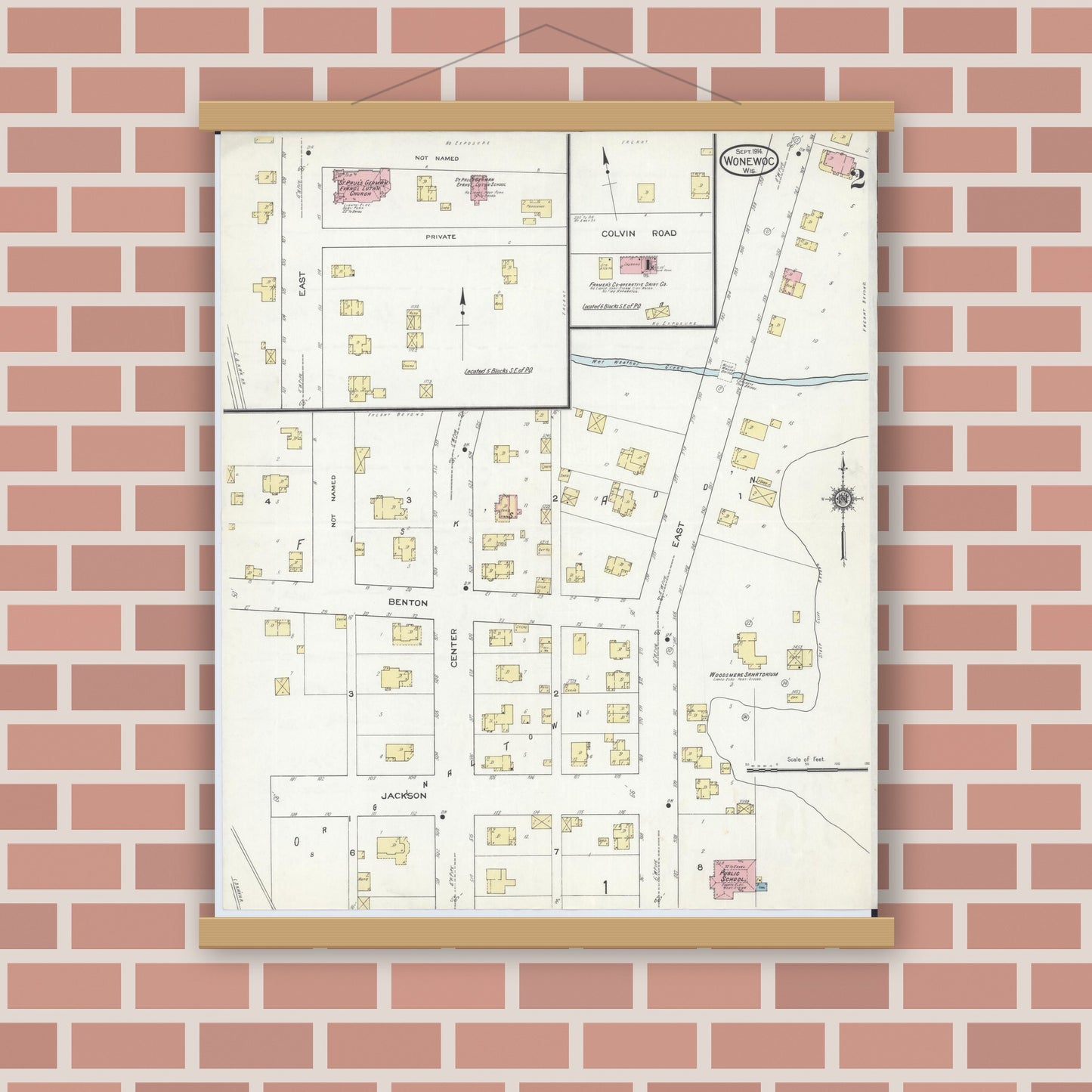 Old map wall art mockup — magnetic wood frame on brick wall — Sanborn Fire Insurance Map from Wonewoc, Juneau County, Wisconsin (1914), Sheet #0002