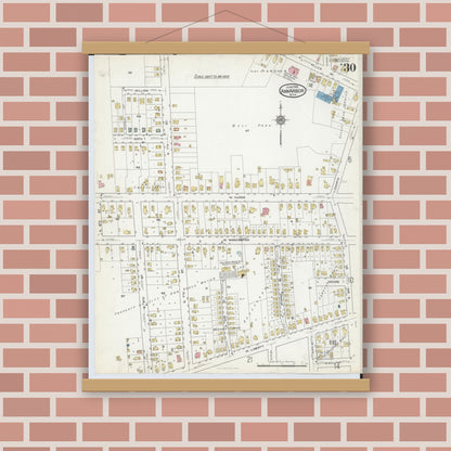 Old map wall art mockup — magnetic wood frame on brick wall — Sanborn Fire Insurance Map from Ann Arbor, Washtenaw County, Michigan (1916), Sheet #0030