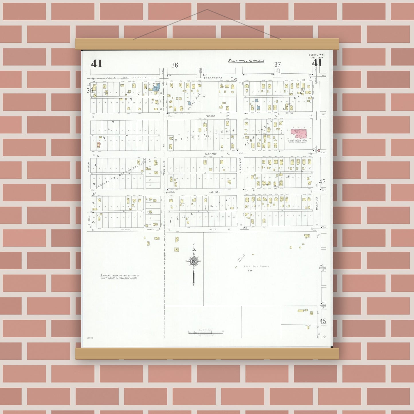 Old map wall art mockup — magnetic wood frame on brick wall — Sanborn Fire Insurance Map from Beloit, Rock County, Wisconsin (1939), Sheet #0041