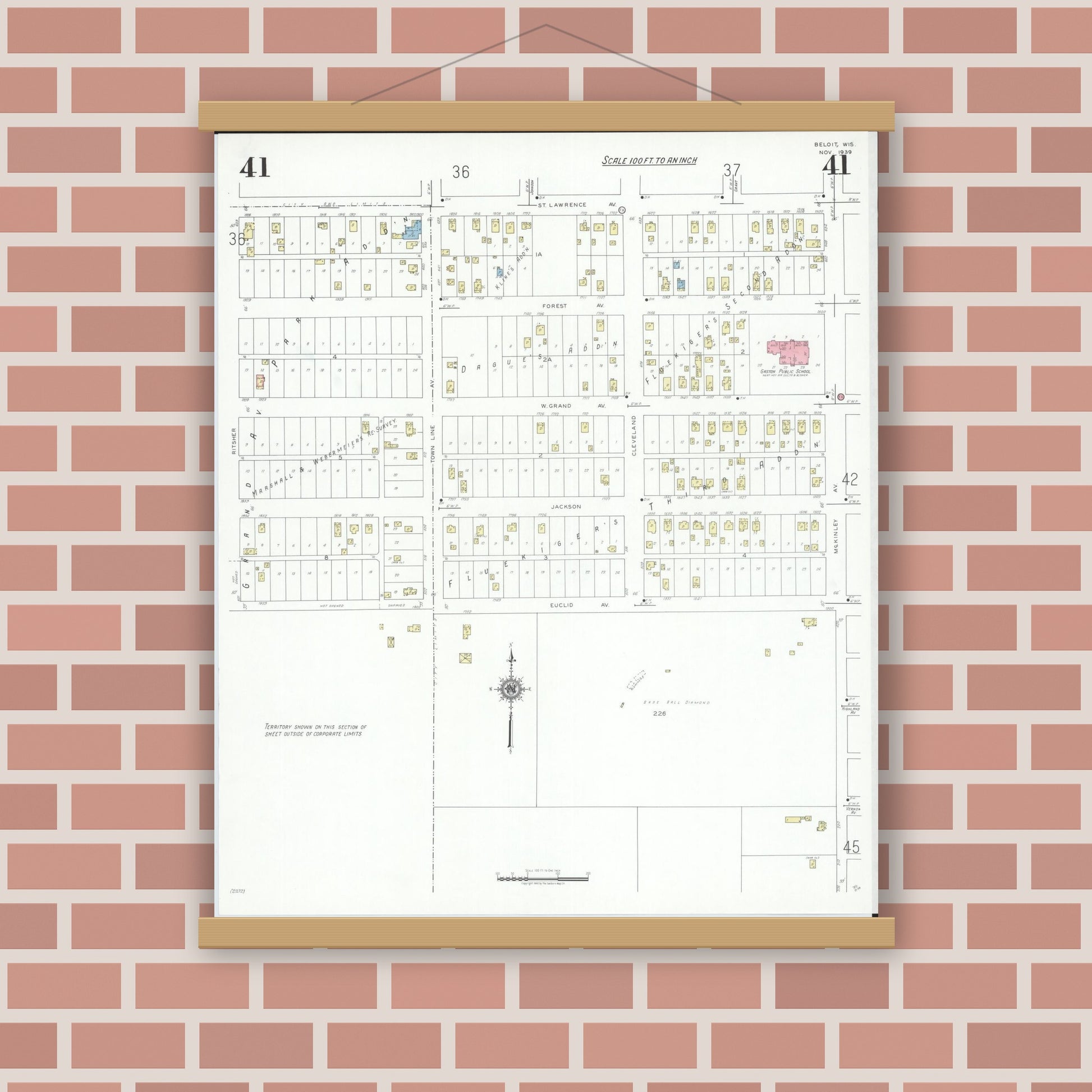 Old map wall art mockup — magnetic wood frame on brick wall — Sanborn Fire Insurance Map from Beloit, Rock County, Wisconsin (1939), Sheet #0041