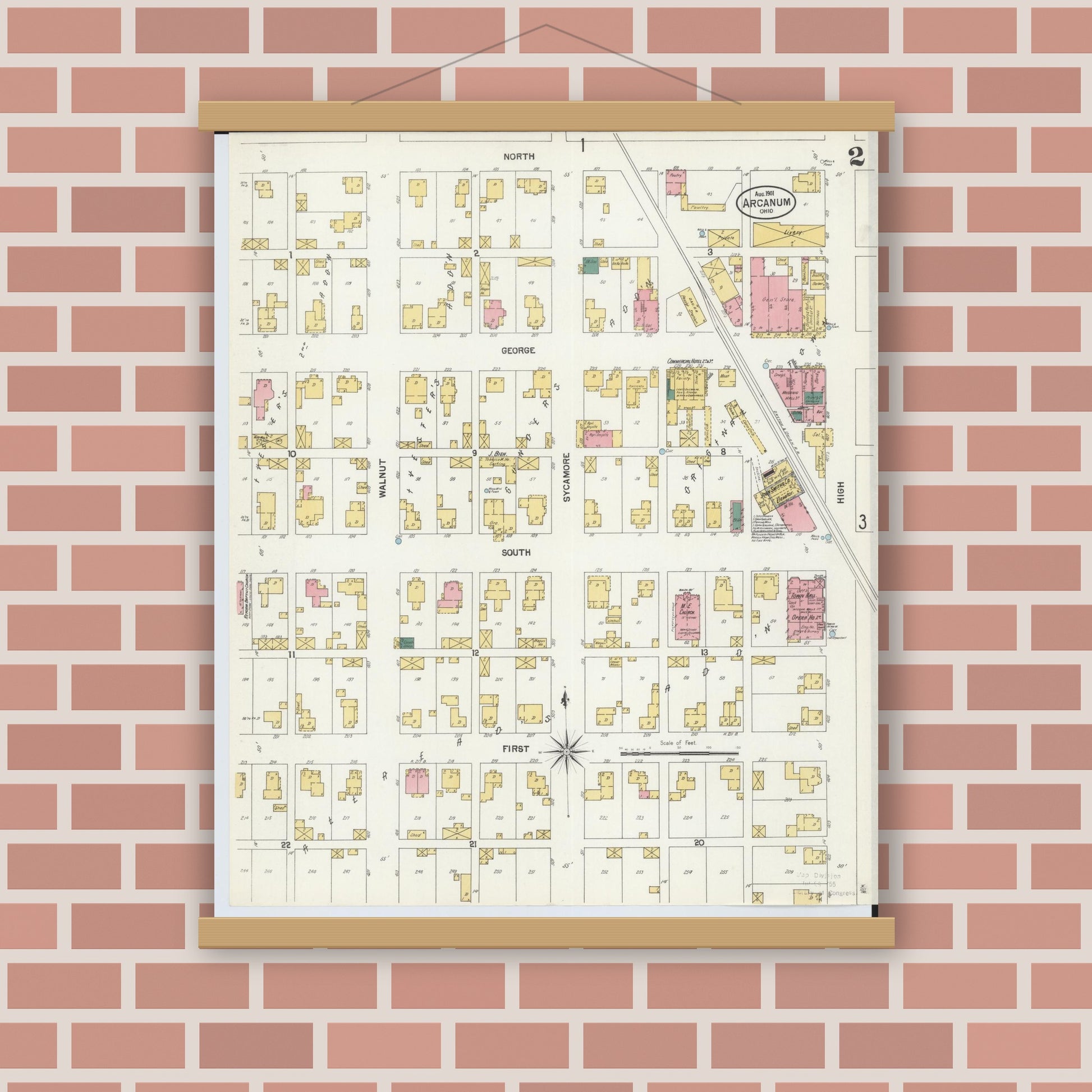Old map wall art mockup — magnetic wood frame on brick wall — Sanborn Fire Insurance Map from Arcanum, Darke County, Ohio (1901), Sheet #0002