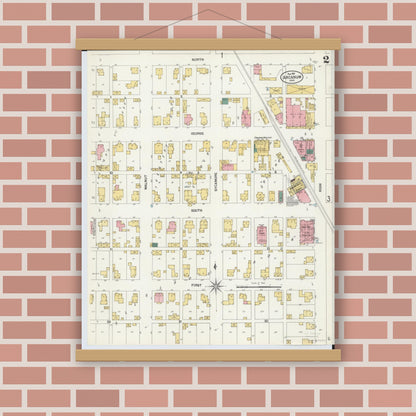 Old map wall art mockup — magnetic wood frame on brick wall — Sanborn Fire Insurance Map from Arcanum, Darke County, Ohio (1901), Sheet #0002