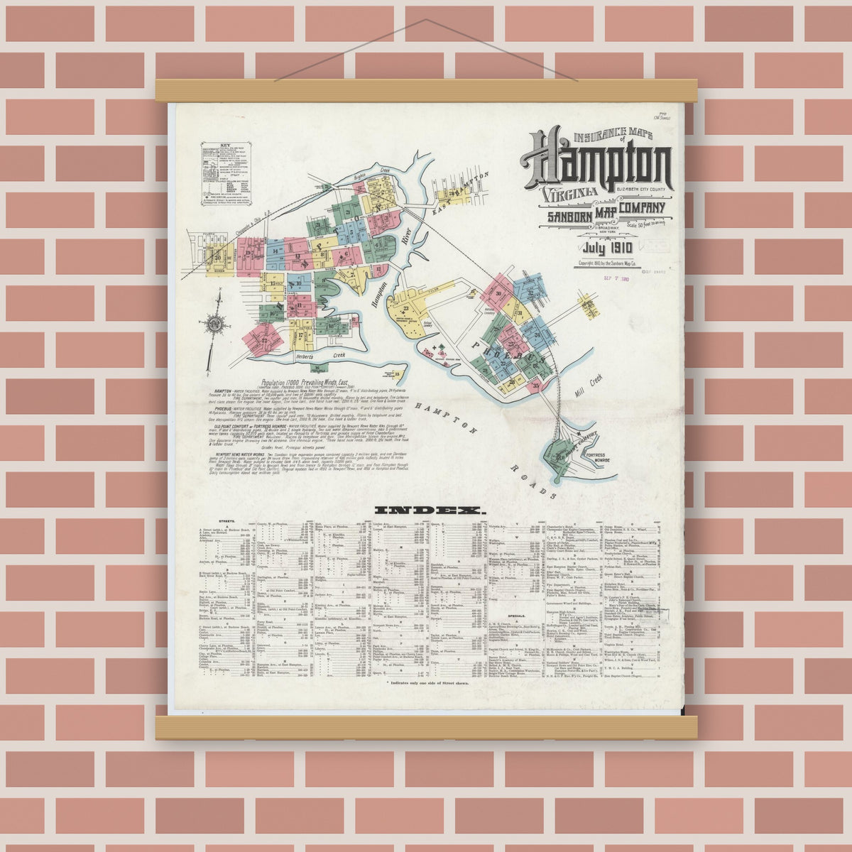Old map wall art mockup — magnetic wood frame on brick wall — Sanborn Fire Insurance Map from Hampton, Independent Cities, Virginia (1910), Sheet #0001