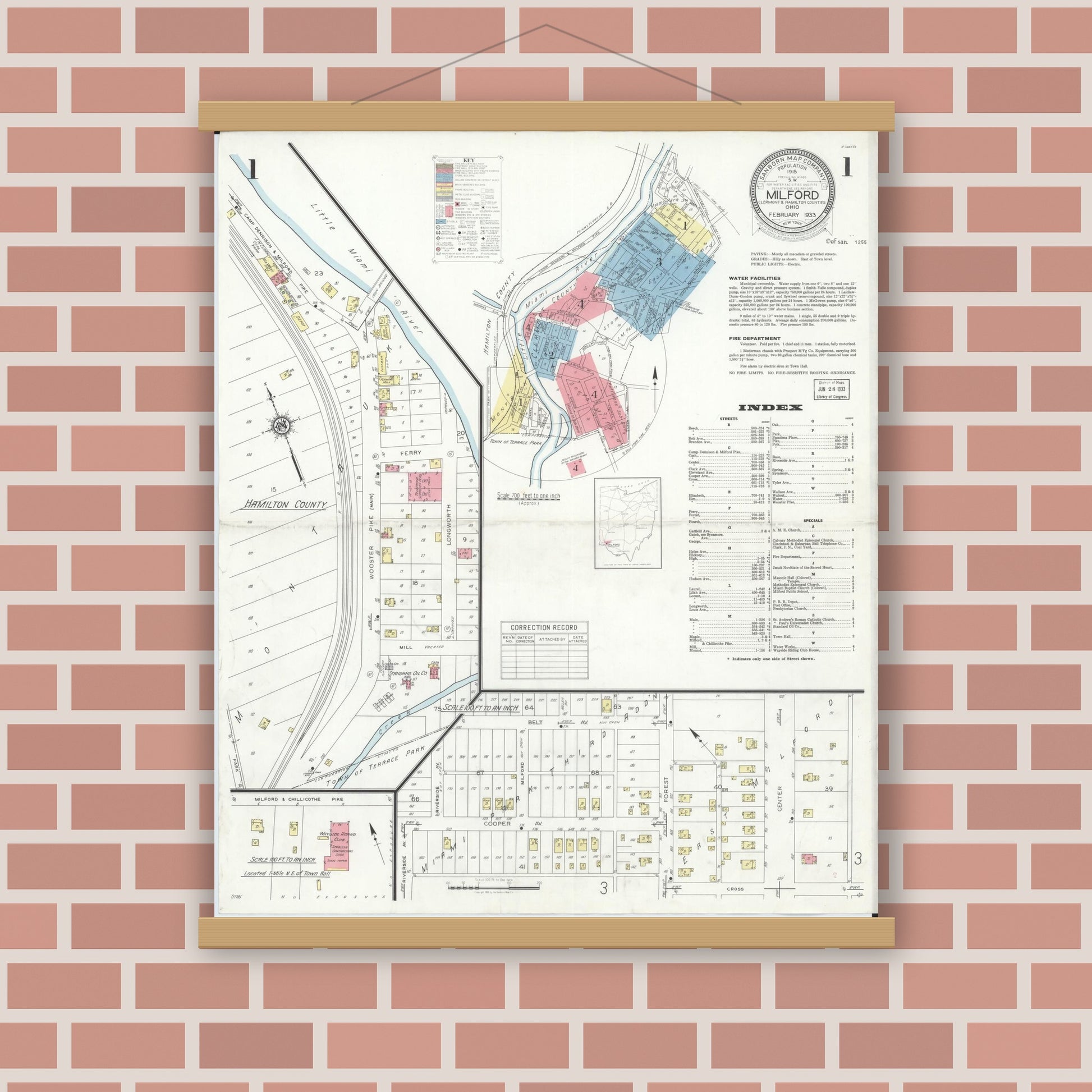 Old map wall art mockup — magnetic wood frame on brick wall — Sanborn Fire Insurance Map from Milford, Clermont And Hamilton County, Ohio (1933) - Complete Map Set