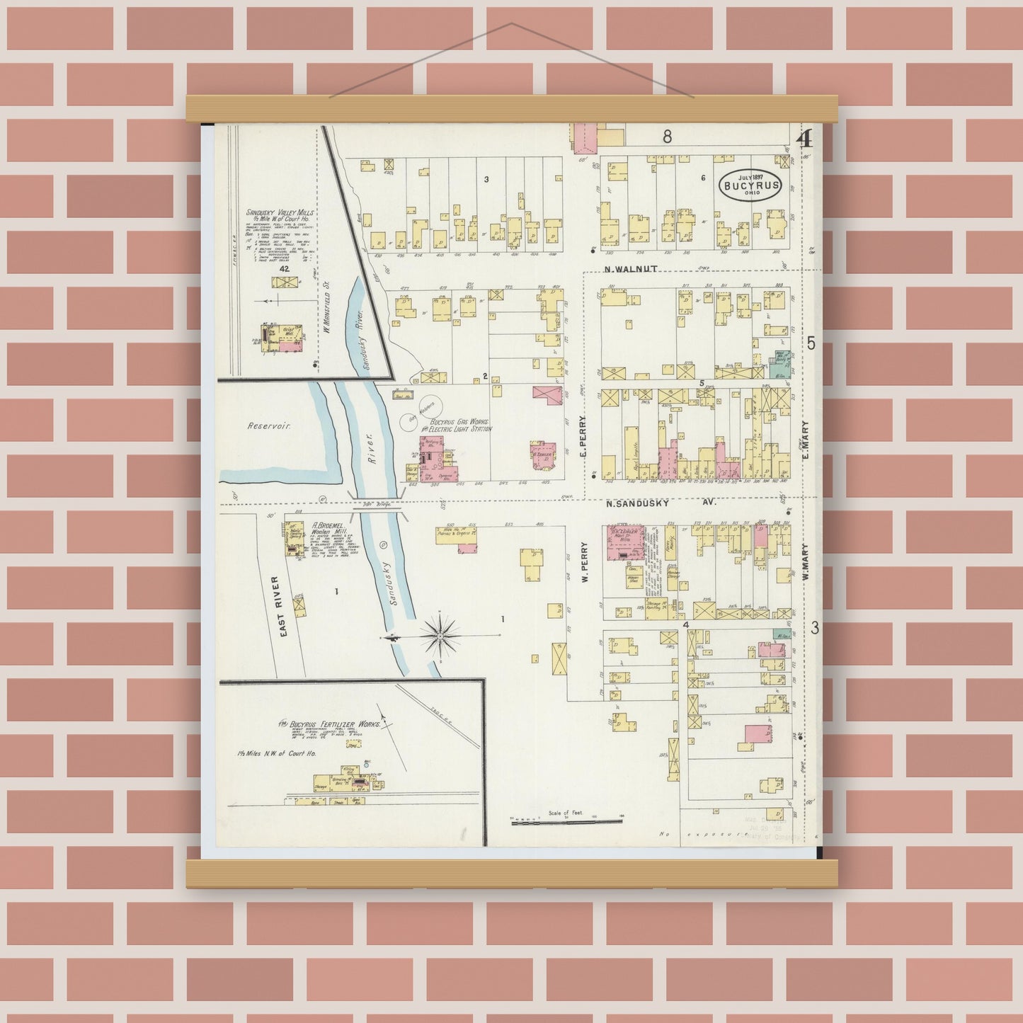 Old map wall art mockup — magnetic wood frame on brick wall — Sanborn Fire Insurance Map from Bucyrus, Crawford County, Ohio (1897), Sheet #0004