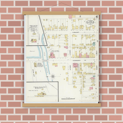 Old map wall art mockup — magnetic wood frame on brick wall — Sanborn Fire Insurance Map from Bucyrus, Crawford County, Ohio (1897), Sheet #0004