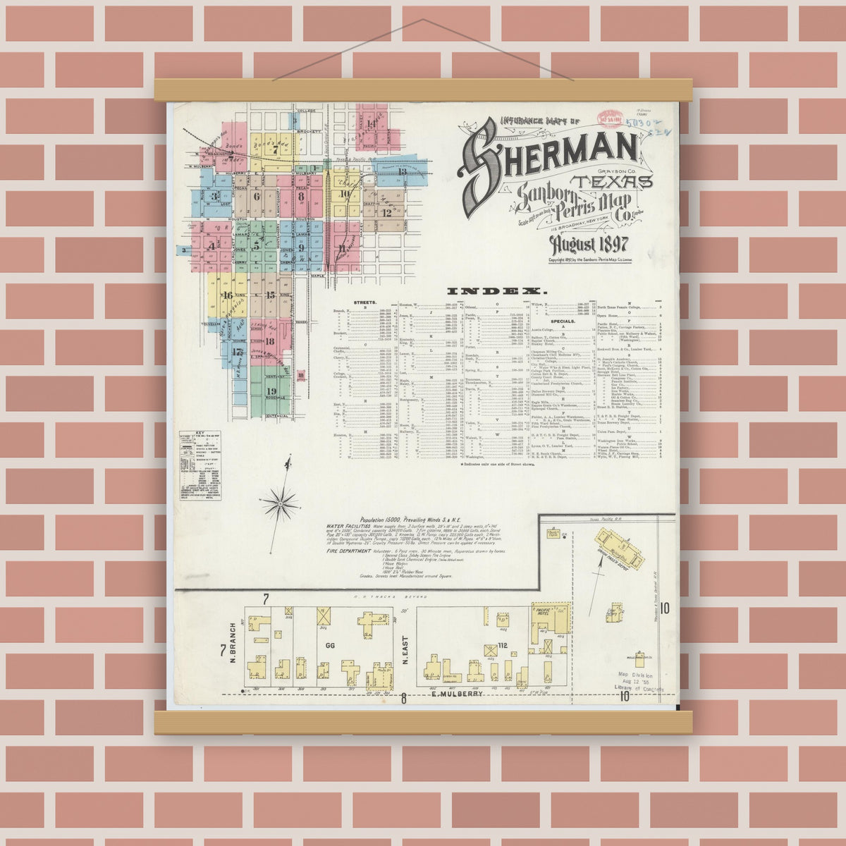 Old map wall art mockup — magnetic wood frame on brick wall — Sanborn Fire Insurance Map from Sherman, Grayson County, Texas (1897) - Complete Map Set