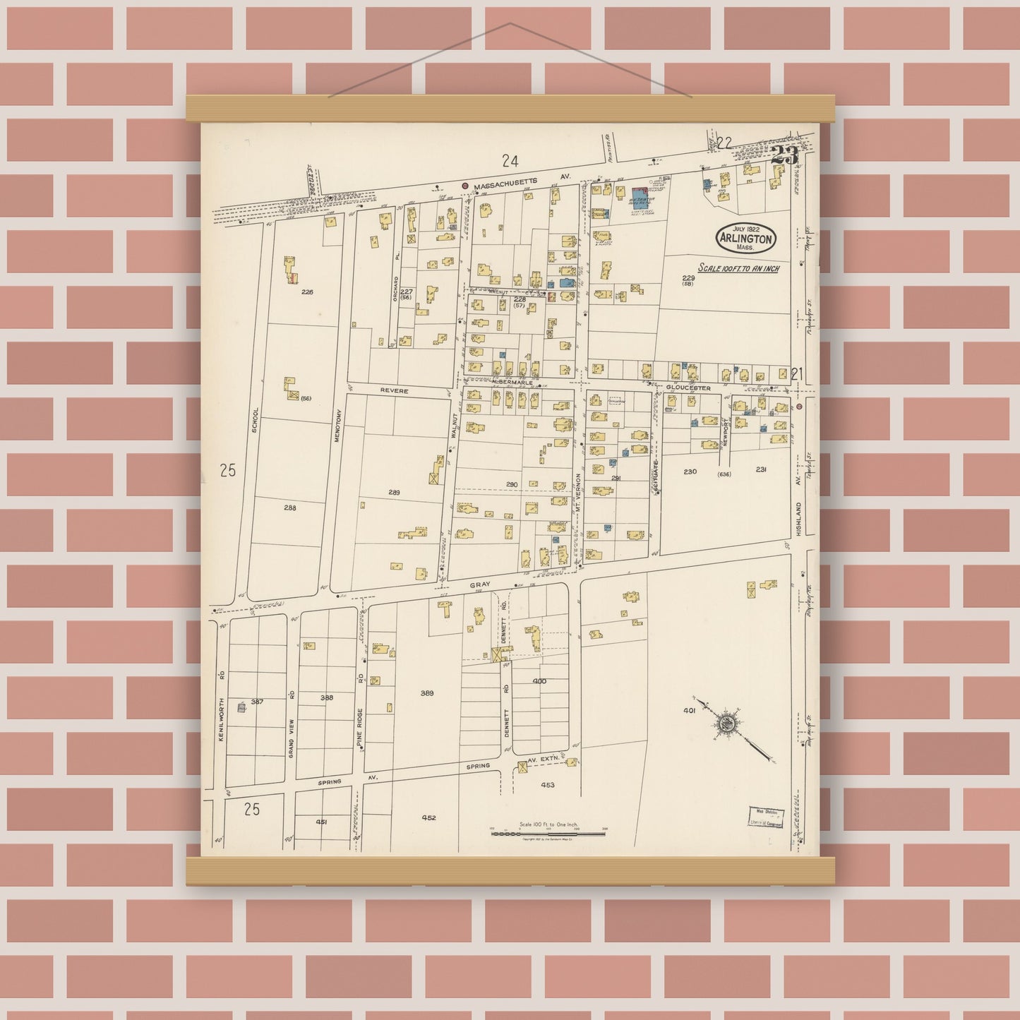 Old map wall art mockup — magnetic wood frame on brick wall — Sanborn Fire Insurance Map from Arlington, Middlesex County, Massachusetts (1922), Sheet #0023