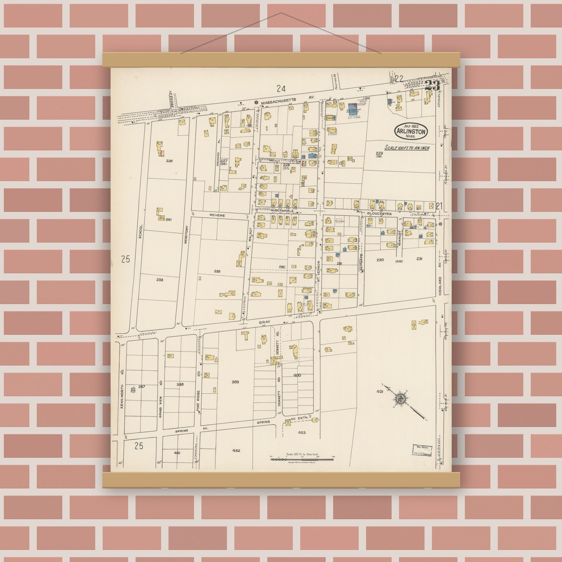 Old map wall art mockup — magnetic wood frame on brick wall — Sanborn Fire Insurance Map from Arlington, Middlesex County, Massachusetts (1922), Sheet #0023