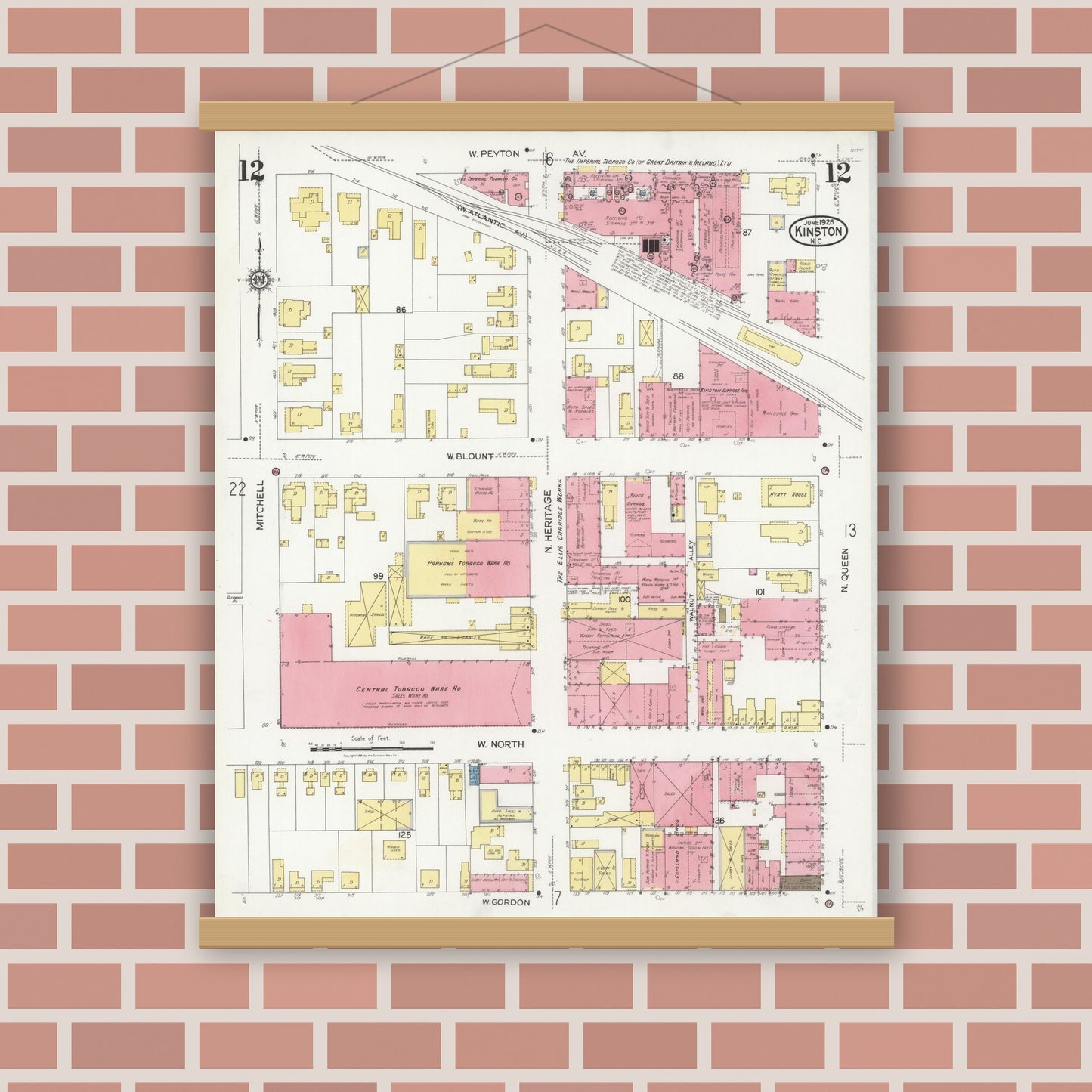 Old map wall art mockup — magnetic wood frame on brick wall — Sanborn Fire Insurance Map from Kinston, Lenoir County, North Carolina (1925), Sheet #0012