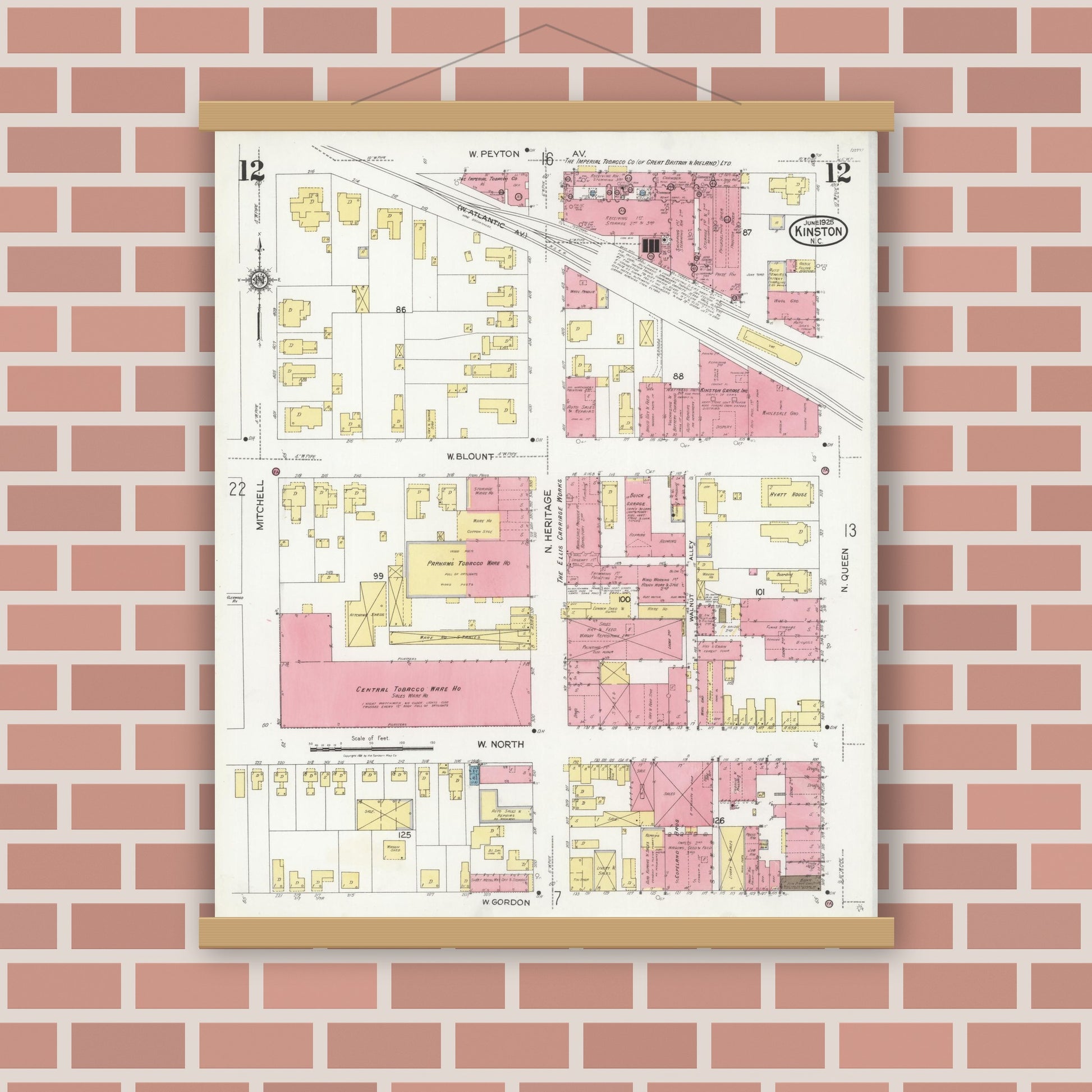 Old map wall art mockup — magnetic wood frame on brick wall — Sanborn Fire Insurance Map from Kinston, Lenoir County, North Carolina (1925), Sheet #0012