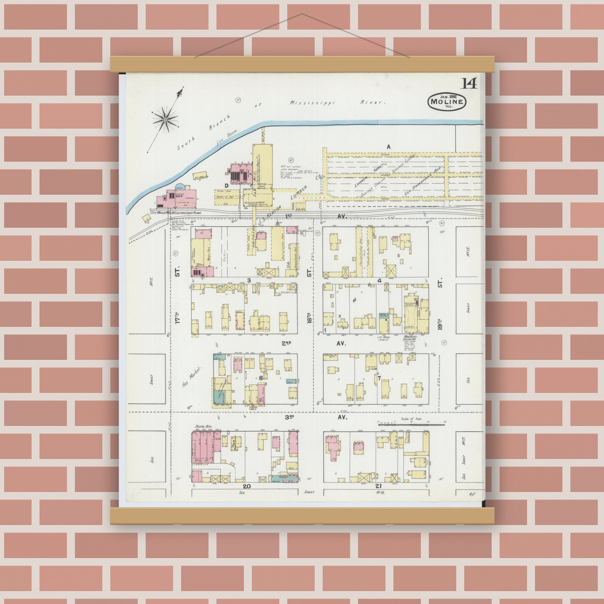 Old map wall art mockup — magnetic wood frame on brick wall — Sanborn Fire Insurance Map from Moline, Rock Island County, Illinois (1892), Sheet #0014