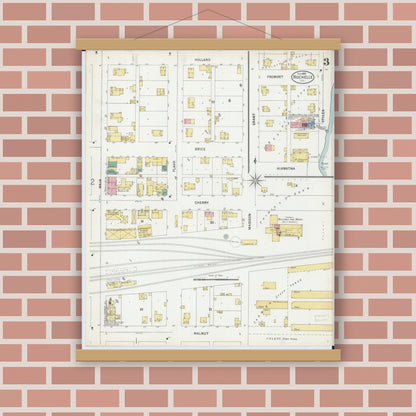 Old map wall art mockup — magnetic wood frame on brick wall — Sanborn Fire Insurance Map from Rochelle, Ogle County, Illinois (1899), Sheet #0003