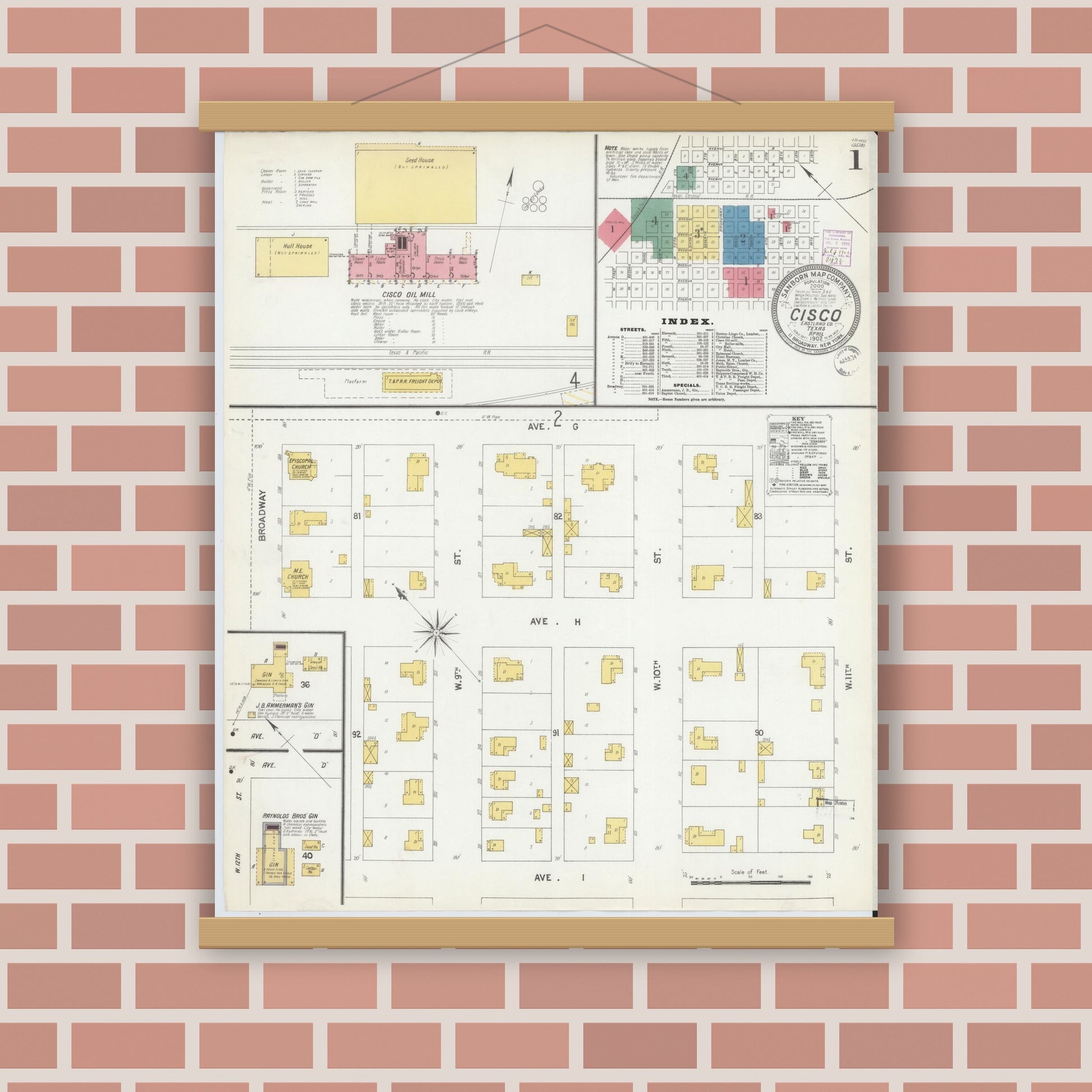 Old map wall art mockup — magnetic wood frame on brick wall — Sanborn Fire Insurance Map from Cisco, Eastland County, Texas (1902), Sheet #0001