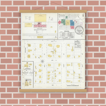 Old map wall art mockup — magnetic wood frame on brick wall — Sanborn Fire Insurance Map from Cisco, Eastland County, Texas (1902), Sheet #0001