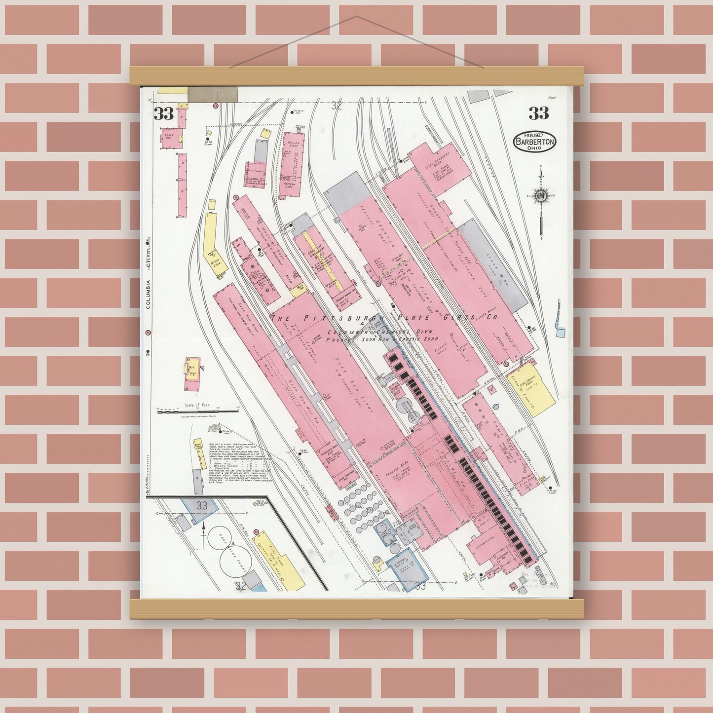 Old map wall art mockup — magnetic wood frame on brick wall — Sanborn Fire Insurance Map from Barberton, Summit County, Ohio (1927), Sheet #0033