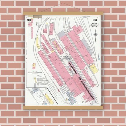 Old map wall art mockup — magnetic wood frame on brick wall — Sanborn Fire Insurance Map from Barberton, Summit County, Ohio (1927), Sheet #0033