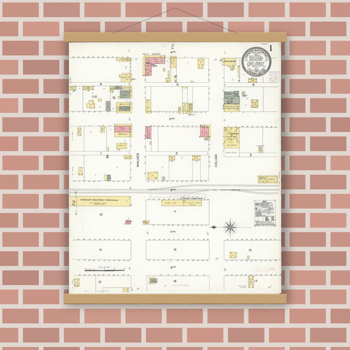 Old map wall art mockup — magnetic wood frame on brick wall — Sanborn Fire Insurance Map from Orland, Glenn County, California (1907) - Complete Map Set