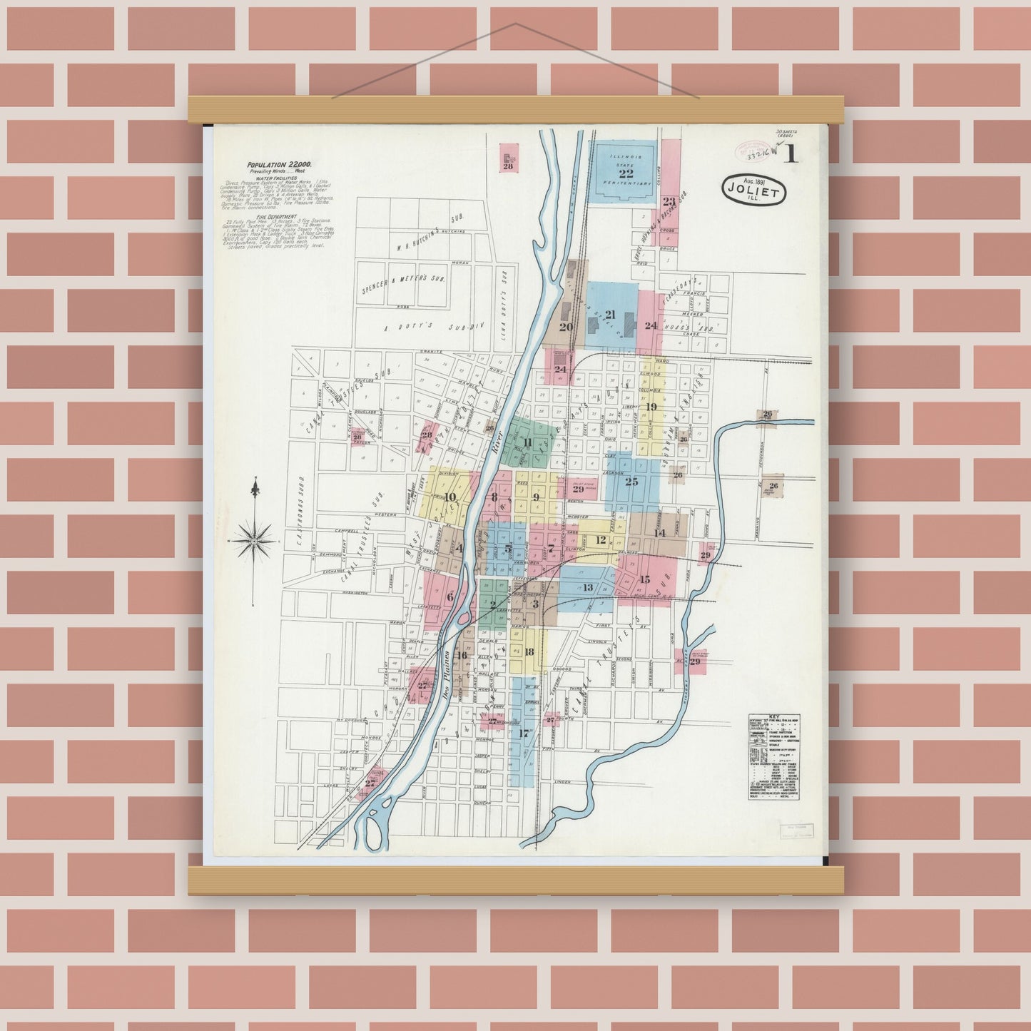 Old map wall art mockup — magnetic wood frame on brick wall — Sanborn Fire Insurance Map from Joliet, Will County, Illinois (1891), Sheet #0001