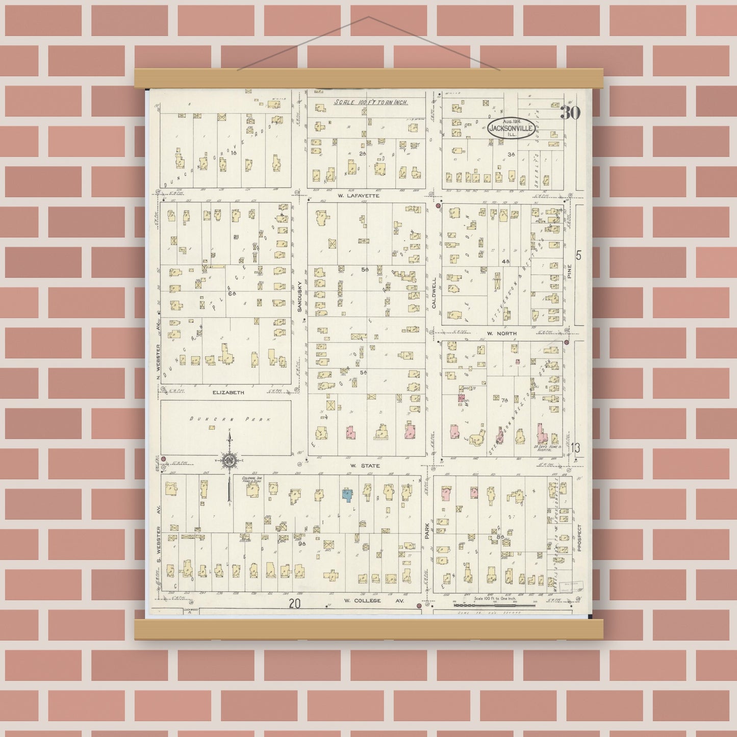 Old map wall art mockup — magnetic wood frame on brick wall — Sanborn Fire Insurance Map from Jacksonville, Morgan County, Illinois (1914), Sheet #0030