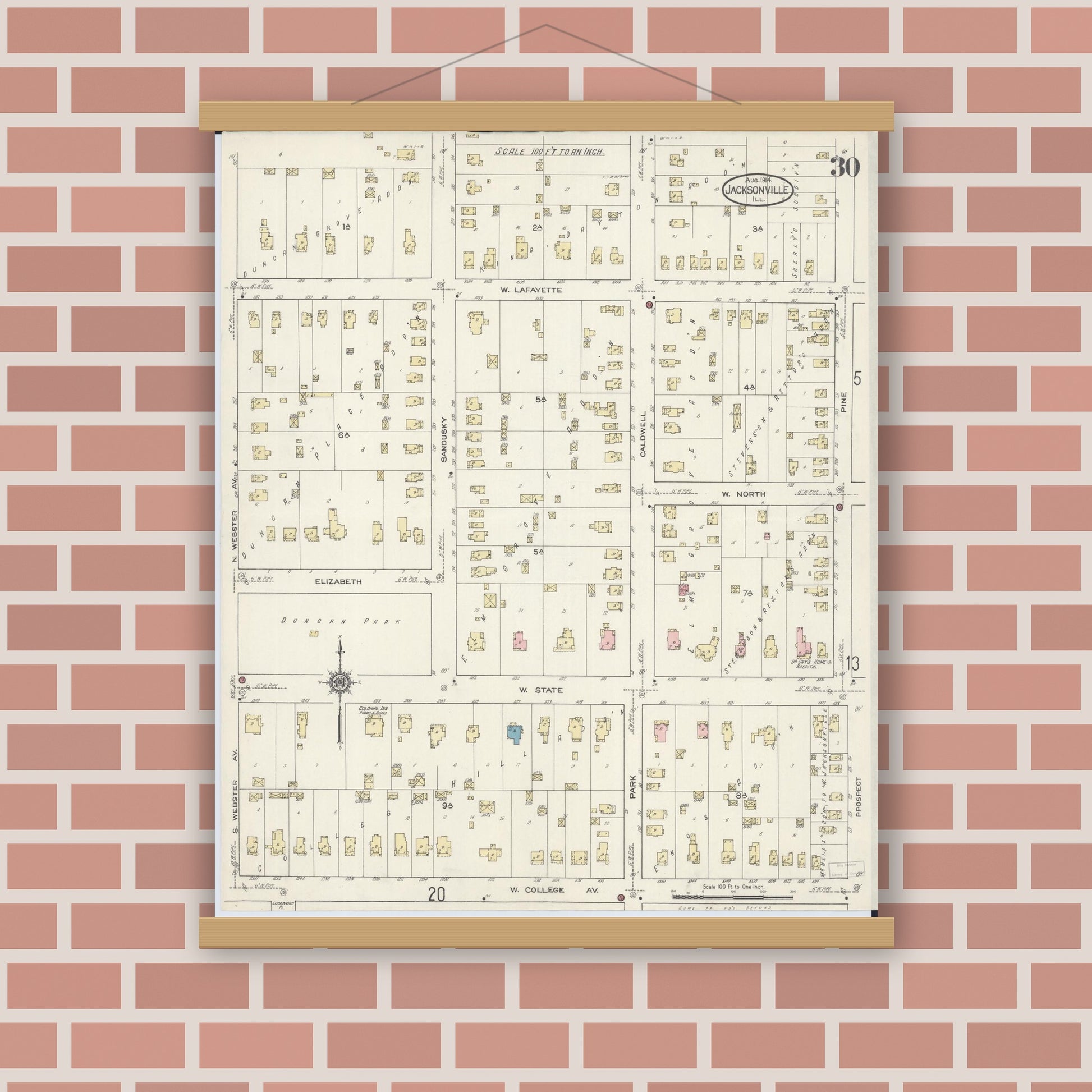 Old map wall art mockup — magnetic wood frame on brick wall — Sanborn Fire Insurance Map from Jacksonville, Morgan County, Illinois (1914), Sheet #0030