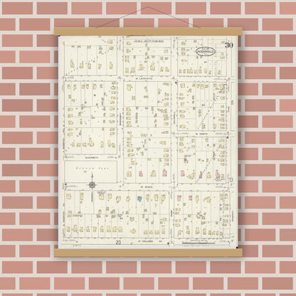 Old map wall art mockup — magnetic wood frame on brick wall — Sanborn Fire Insurance Map from Jacksonville, Morgan County, Illinois (1914), Sheet #0030