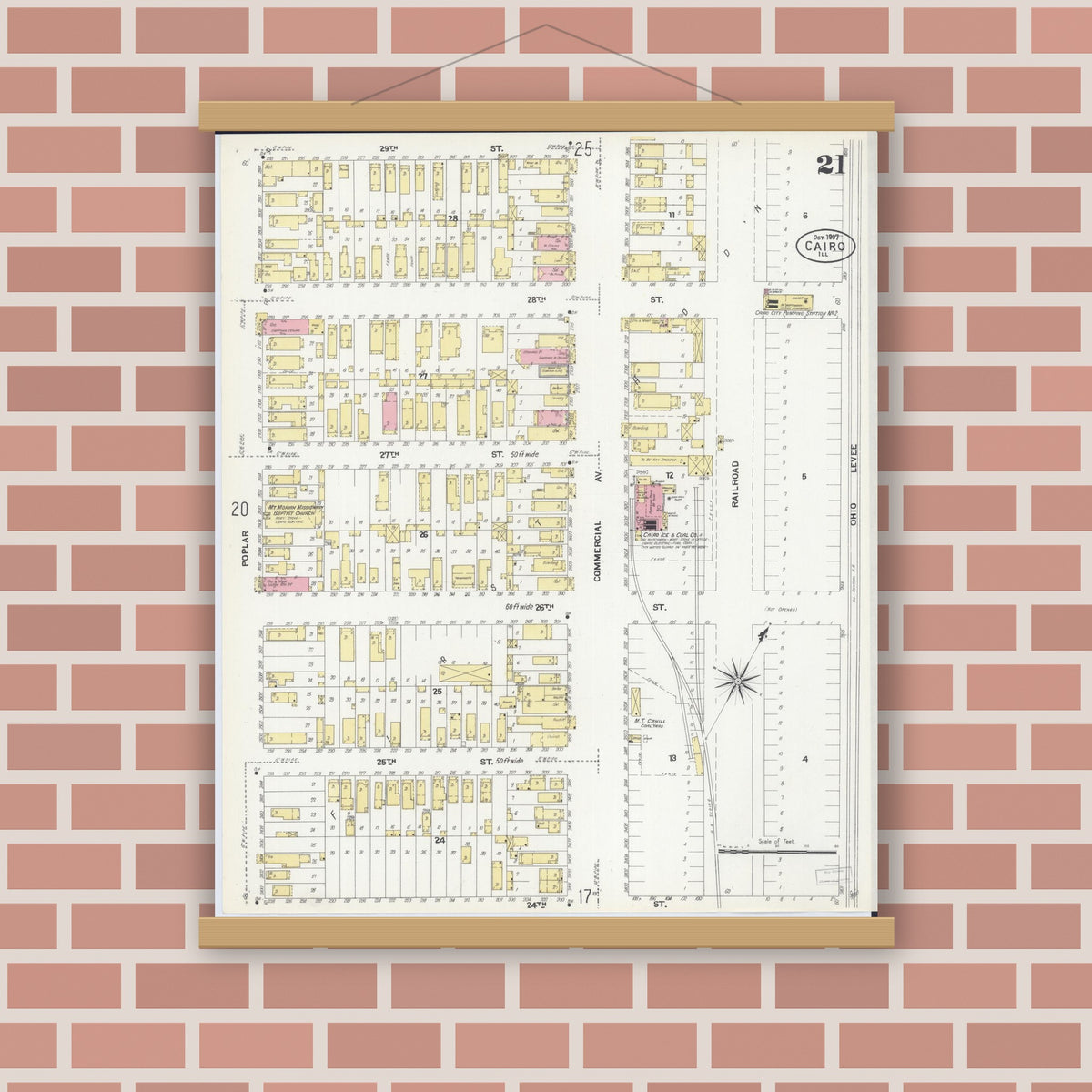 Old map wall art mockup — magnetic wood frame on brick wall — Sanborn Fire Insurance Map from Cairo, Alexander County, Illinois (1907), Sheet #0021