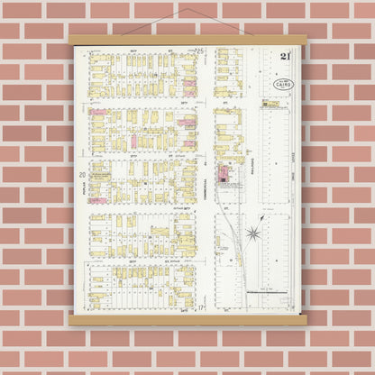 Old map wall art mockup — magnetic wood frame on brick wall — Sanborn Fire Insurance Map from Cairo, Alexander County, Illinois (1907), Sheet #0021