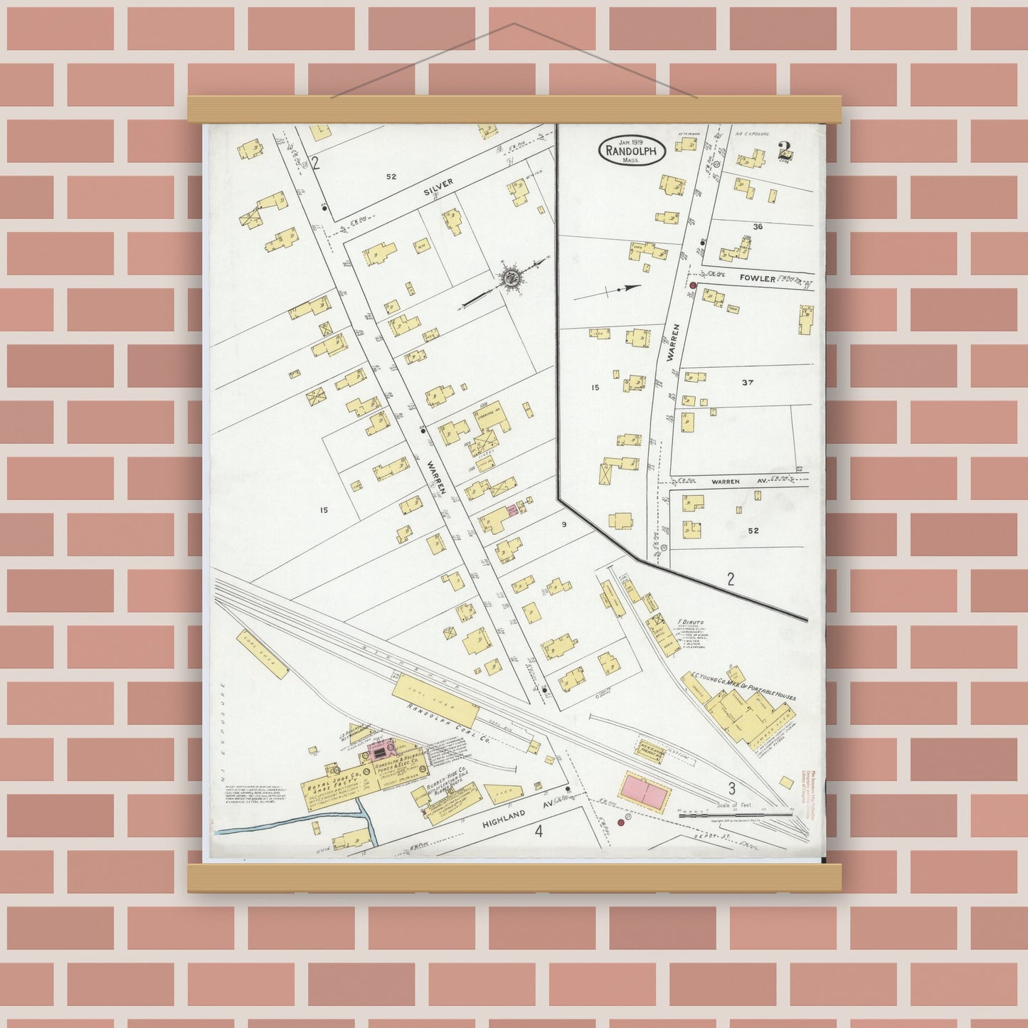 Old map wall art mockup — magnetic wood frame on brick wall — Sanborn Fire Insurance Map from Randolph, Norfolk County, Massachusetts (1919), Sheet #0002