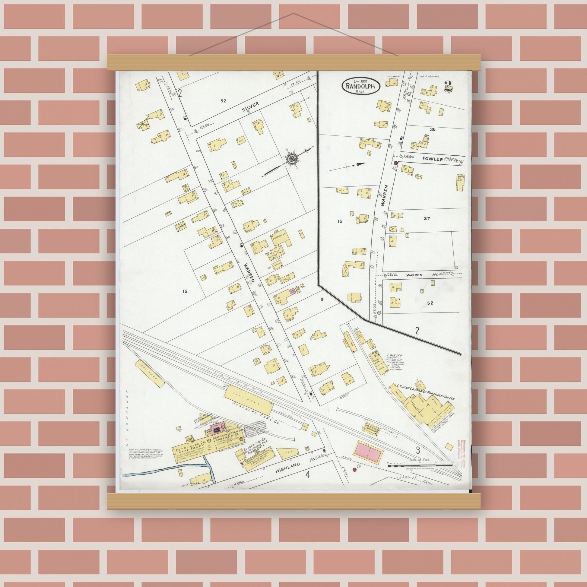 Old map wall art mockup — magnetic wood frame on brick wall — Sanborn Fire Insurance Map from Randolph, Norfolk County, Massachusetts (1919), Sheet #0002