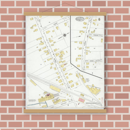 Old map wall art mockup — magnetic wood frame on brick wall — Sanborn Fire Insurance Map from Randolph, Norfolk County, Massachusetts (1919), Sheet #0002