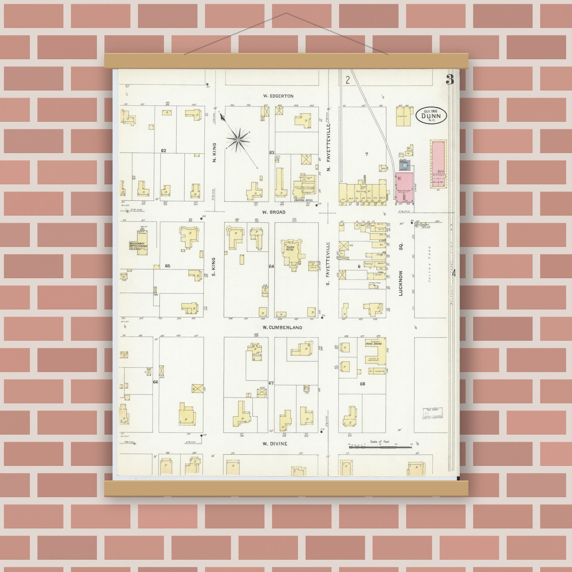 Old map wall art mockup — magnetic wood frame on brick wall — Sanborn Fire Insurance Map from Dunn, Harnett County, North Carolina (1908), Sheet #0003