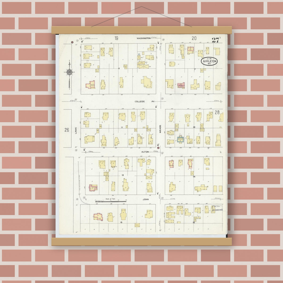 Old map wall art mockup — magnetic wood frame on brick wall — Sanborn Fire Insurance Map from Appleton, Outagamie County, Wisconsin (1911), Sheet #0027