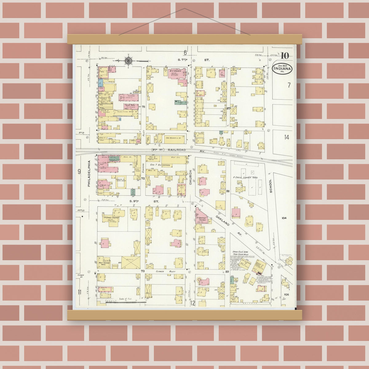 Old map wall art mockup — magnetic wood frame on brick wall — Sanborn Fire Insurance Map from Indiana, Indiana County, Pennsylvania (1910), Sheet #0010