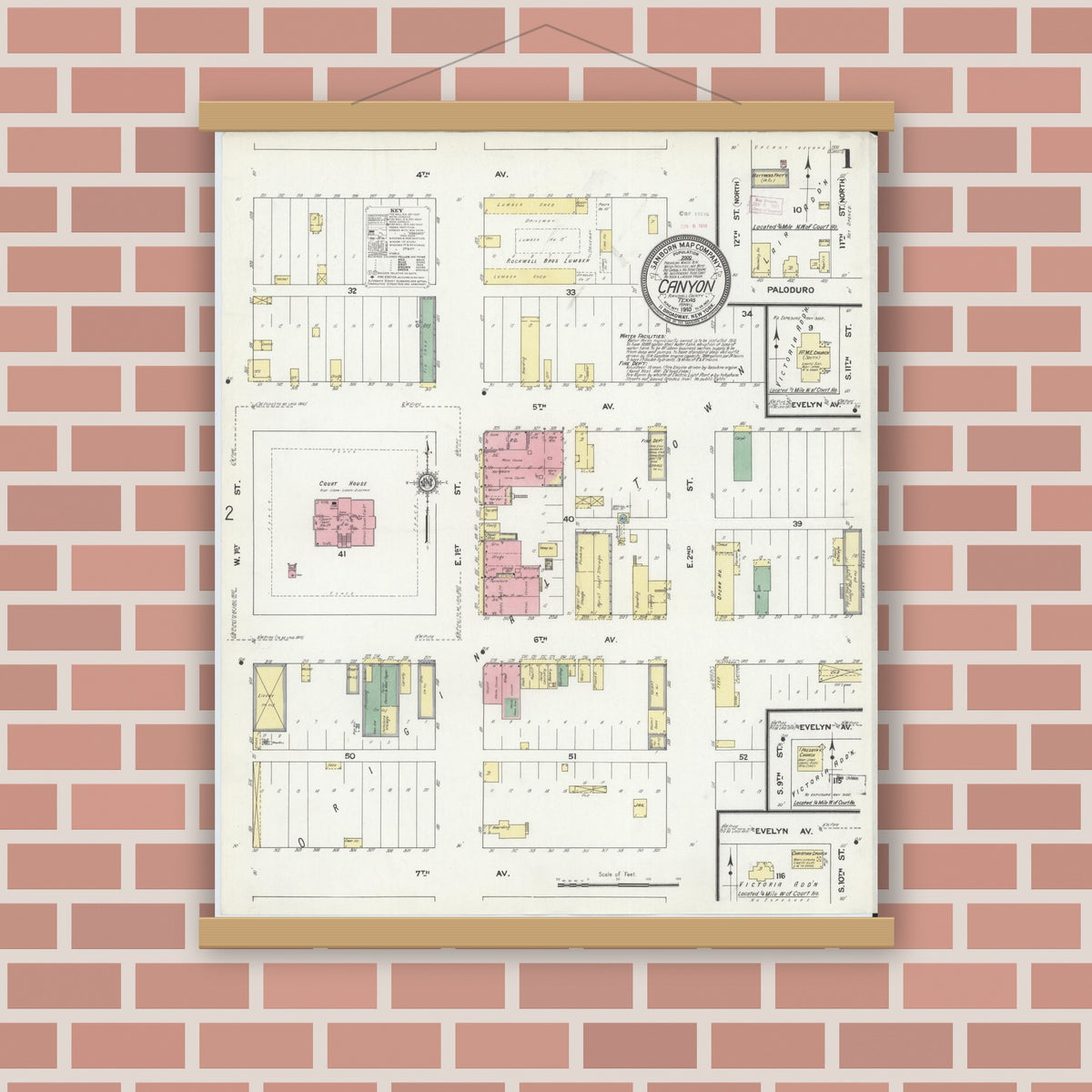 Old map wall art mockup — magnetic wood frame on brick wall — Sanborn Fire Insurance Map from Canyon, Randall County, Texas (1910) - Complete Map Set